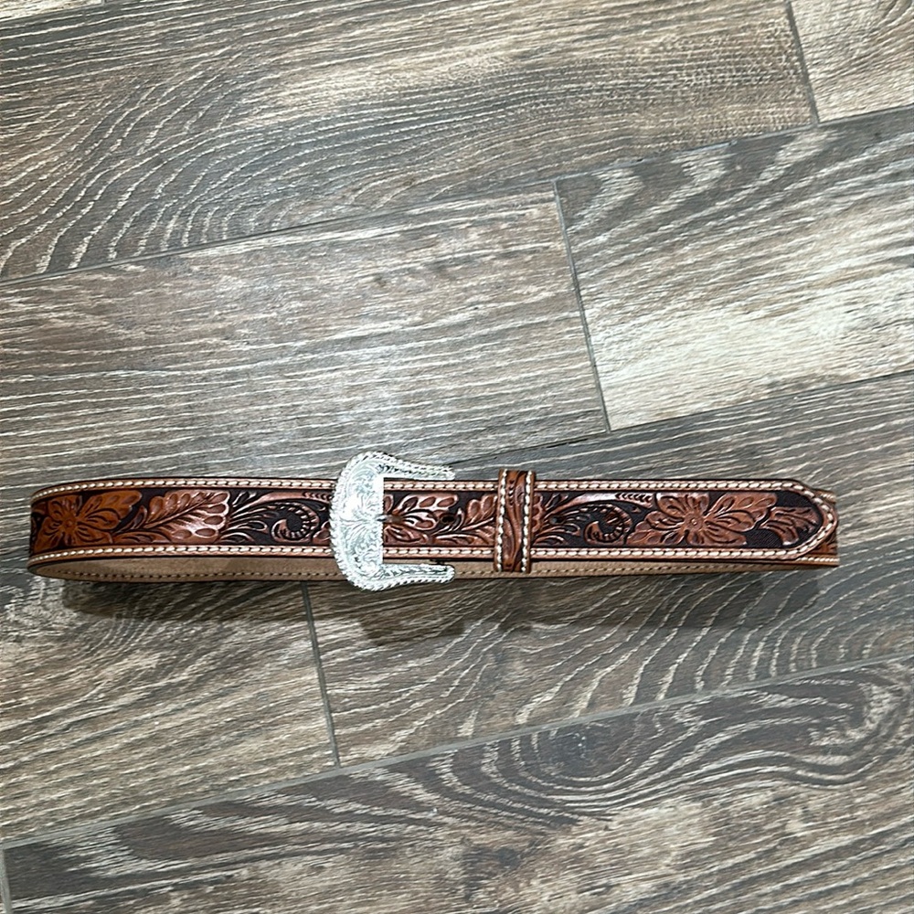 New Tony Lama Tooled Leather Belt Silver Buckle Size 38